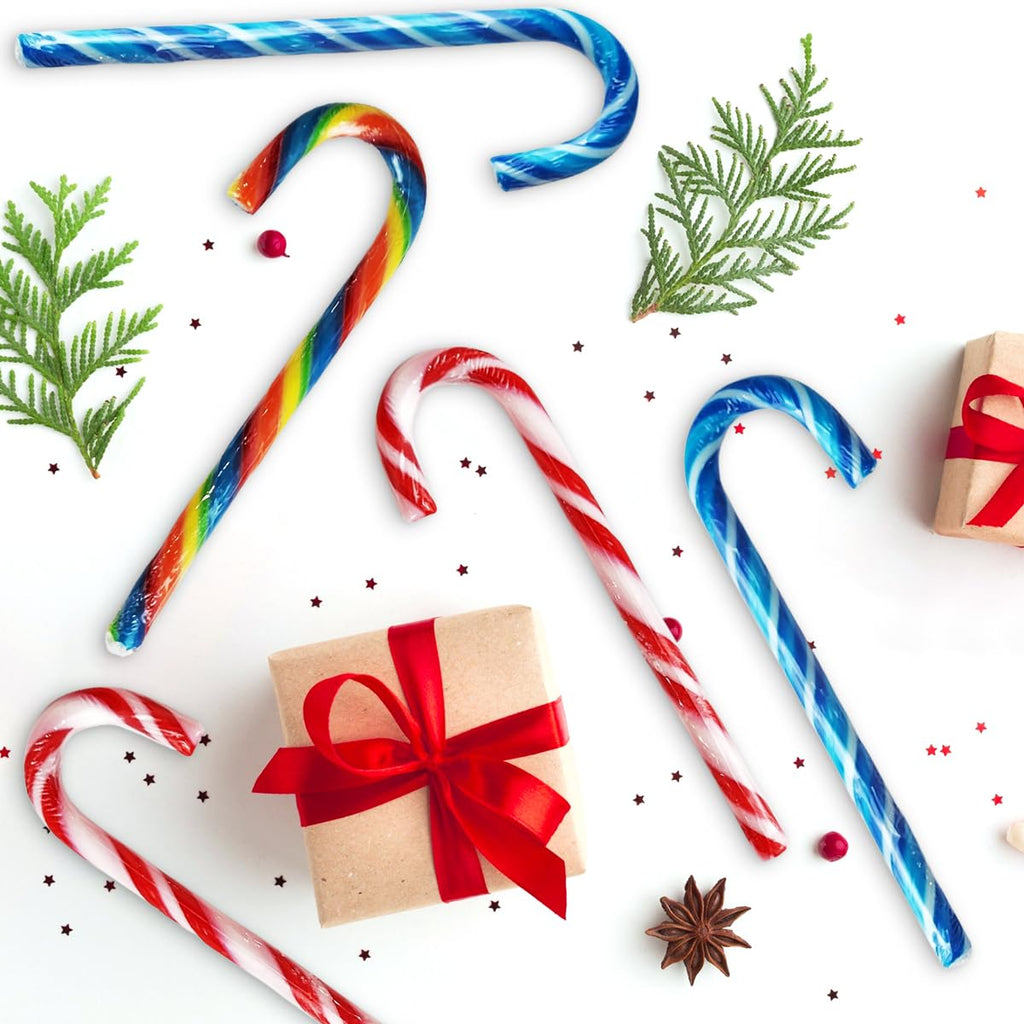 Christmas Candy Canes Tutti Frutti, Blue/White Peppermint, Red and White Cherry Mix Flavors - Bulk Candy Canes Individually Wrapped for Family Holiday Indulgement, Candy Cane Gift Set (150 Count)