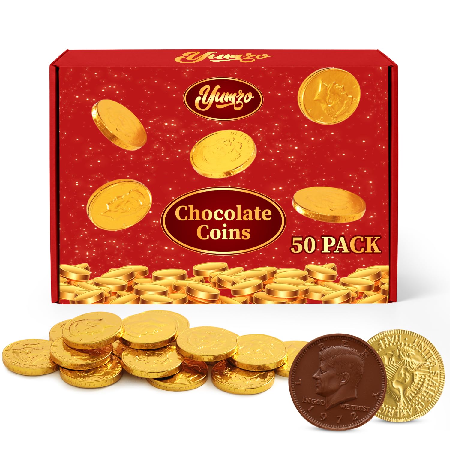 Gold Chocolate Coins, 50 Pack of Gold Chocolate Coins Bulk, Ideal Coin Candy for Themed Parties, Events and Celebrations, Perfect for Gift Bags and Festive Decorations Christmas and st patricks day.