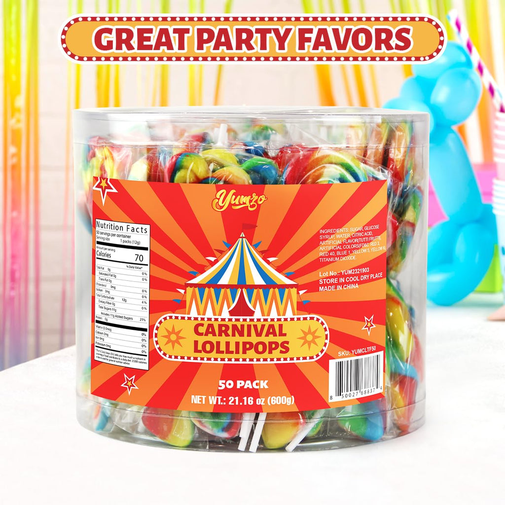 Carnival Lollipops Rainbow Twist, Swirls, and Round Lolly-pops Unicorn Party Favors - Individually Wrapped Rainbow Candy Suckers & Lollipops Great for Birthday Parties, Pinata, 50 Count