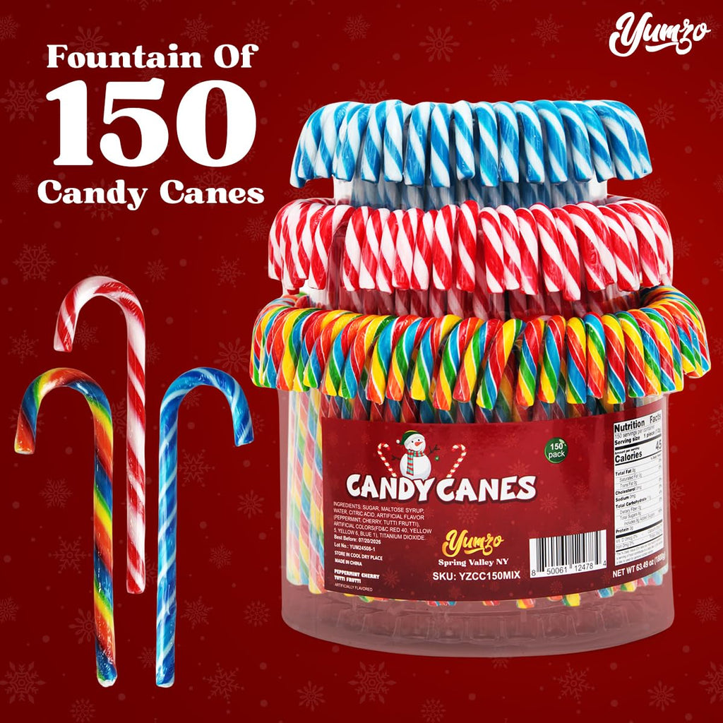 Christmas Candy Canes Tutti Frutti, Blue/White Peppermint, Red and White Cherry Mix Flavors - Bulk Candy Canes Individually Wrapped for Family Holiday Indulgement, Candy Cane Gift Set (150 Count)