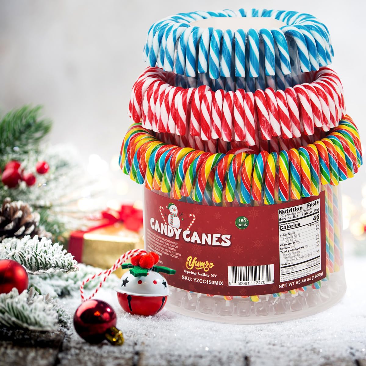 Christmas Candy Canes Tutti Frutti, Blue/White Peppermint, Red and White Cherry Mix Flavors - Bulk Candy Canes Individually Wrapped for Family Holiday Indulgement, Candy Cane Gift Set (150 Count)