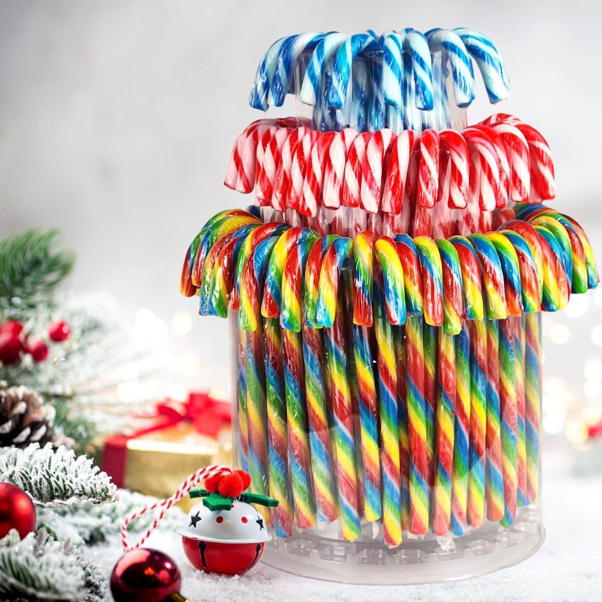 Christmas Candy Canes Tutti Frutti, Blue/White Peppermint, Red and White Cherry Mix Flavors - Bulk Candy Canes Individually Wrapped for Family Holiday...