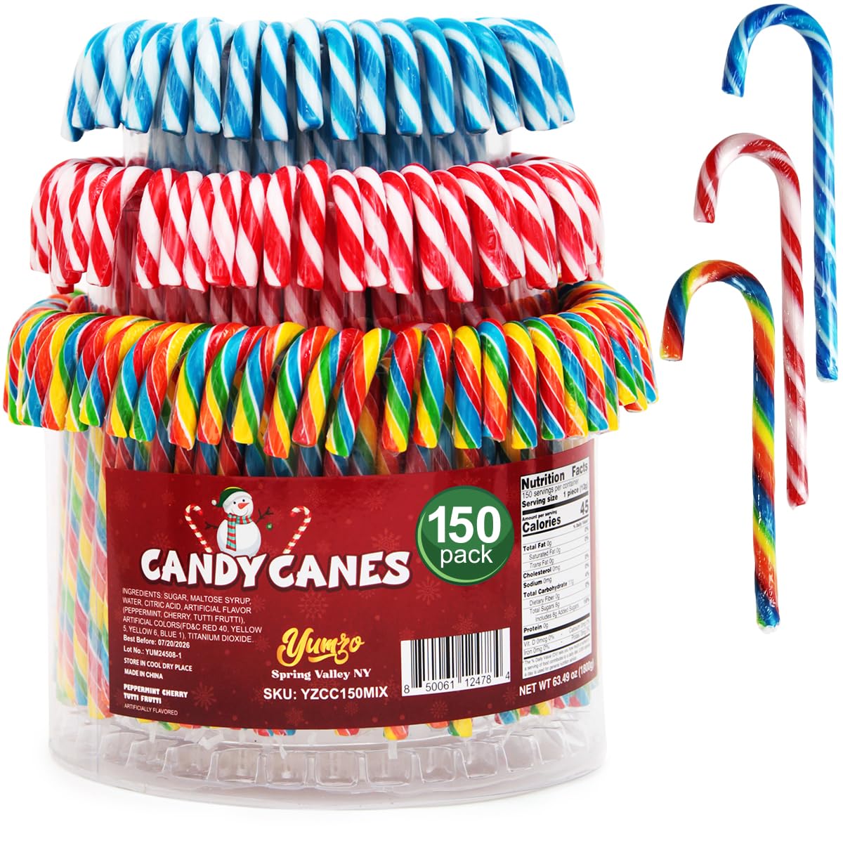 Christmas Candy Canes Tutti Frutti, Blue/White Peppermint, Red and White Cherry Mix Flavors - Bulk Candy Canes Individually Wrapped for Family Holiday Indulgement, Candy Cane Gift Set (150 Count)