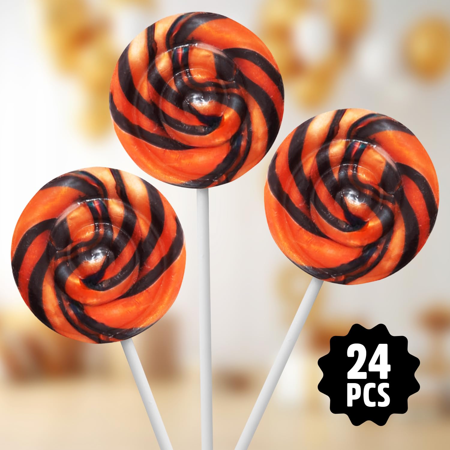 Orange and Black Swirl Lollipops, Pack of 24 Pieces Suckers Individually wrapped, Ideal Lollipops Bulk Supply for Candy Buffets and Trick or Treat Bags, Vibrant Swirl Suckers for Easy Sharing